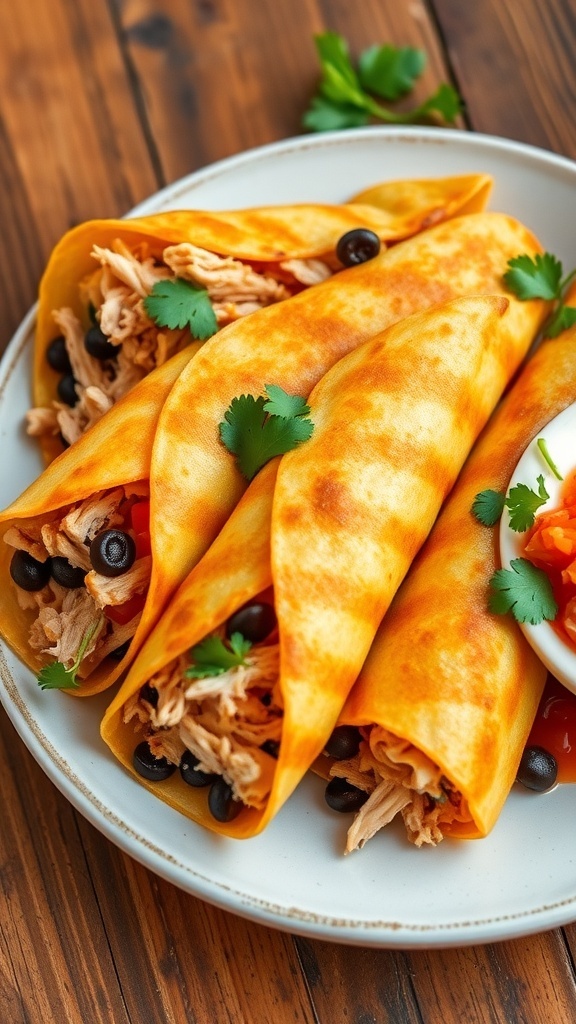 Golden stuffed tortillas filled with chicken and beans, served with sour cream and salsa on a rustic table.